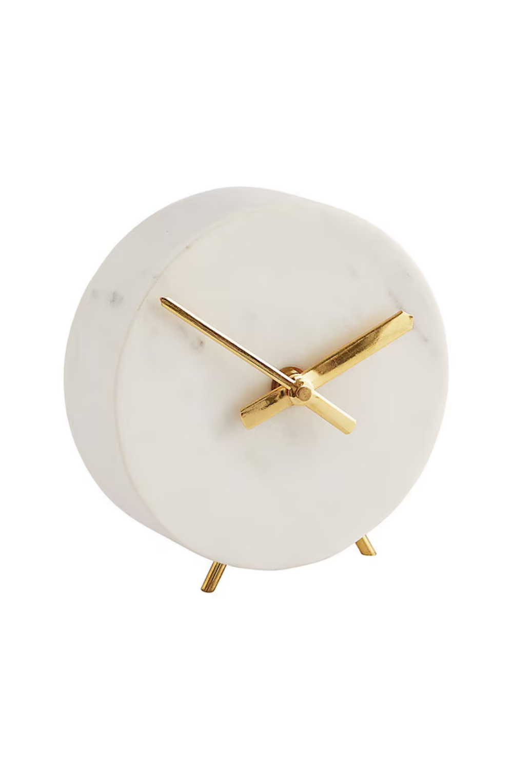 White round analog clock with gold hands and legs, minimalist design, isolated on white background.