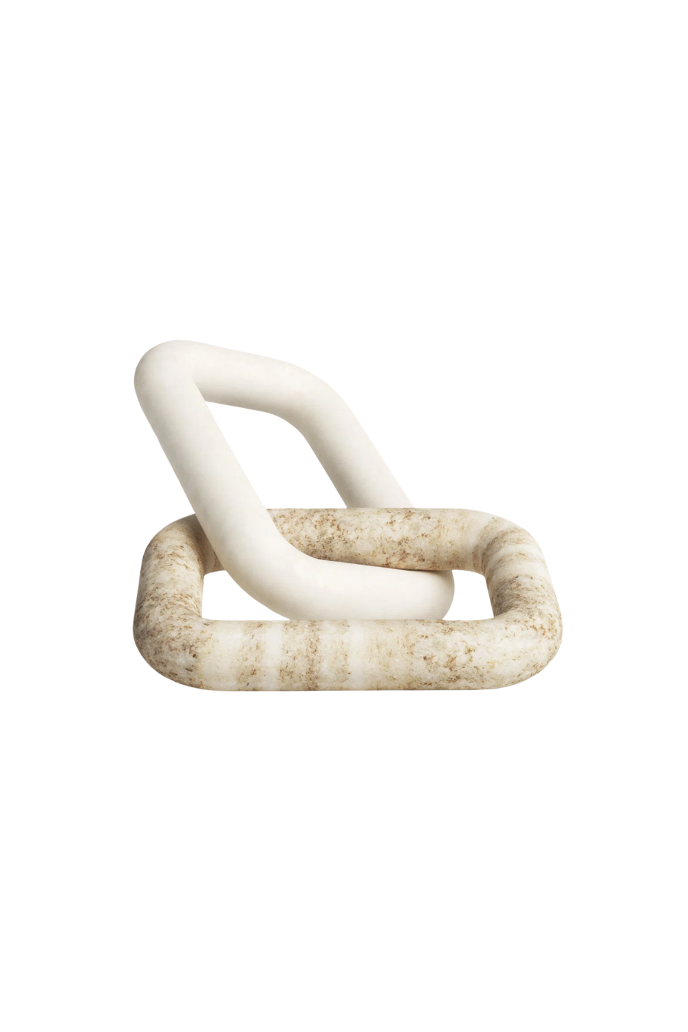 Two intertwined sculptural abstract forms, one white and smooth, the other beige with a textured surface, set against a white background.
