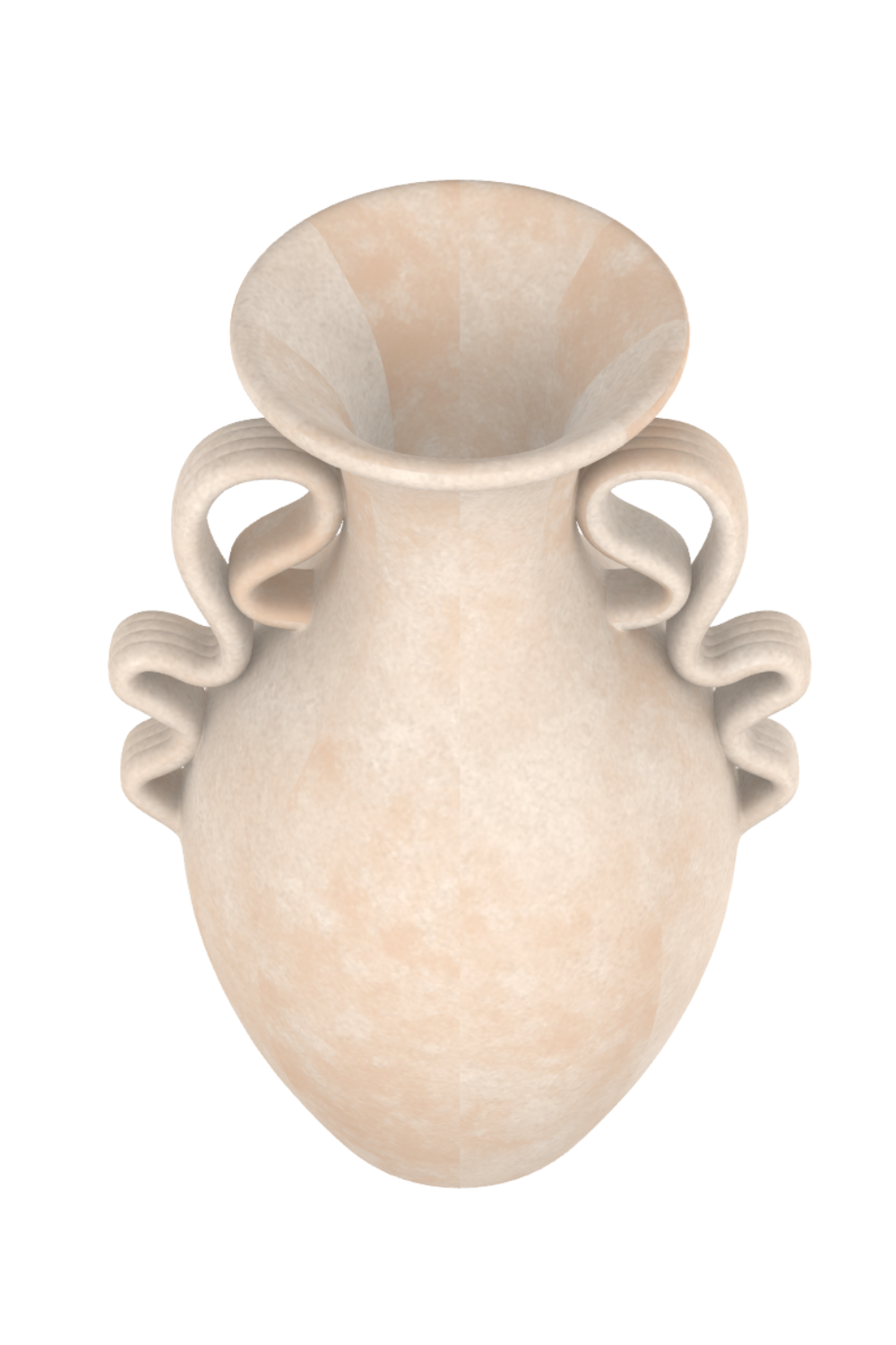 A beige ceramic vase with a rounded body, narrow neck, and decorative wavy handles on each side, viewed from above.