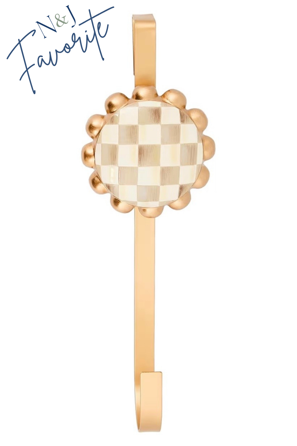 Gold-colored decorative wall hook with a circular top featuring a checkered pattern and surrounded by small rounded protrusions, with the handwritten text 'T&N Favorite' in the top left corner.