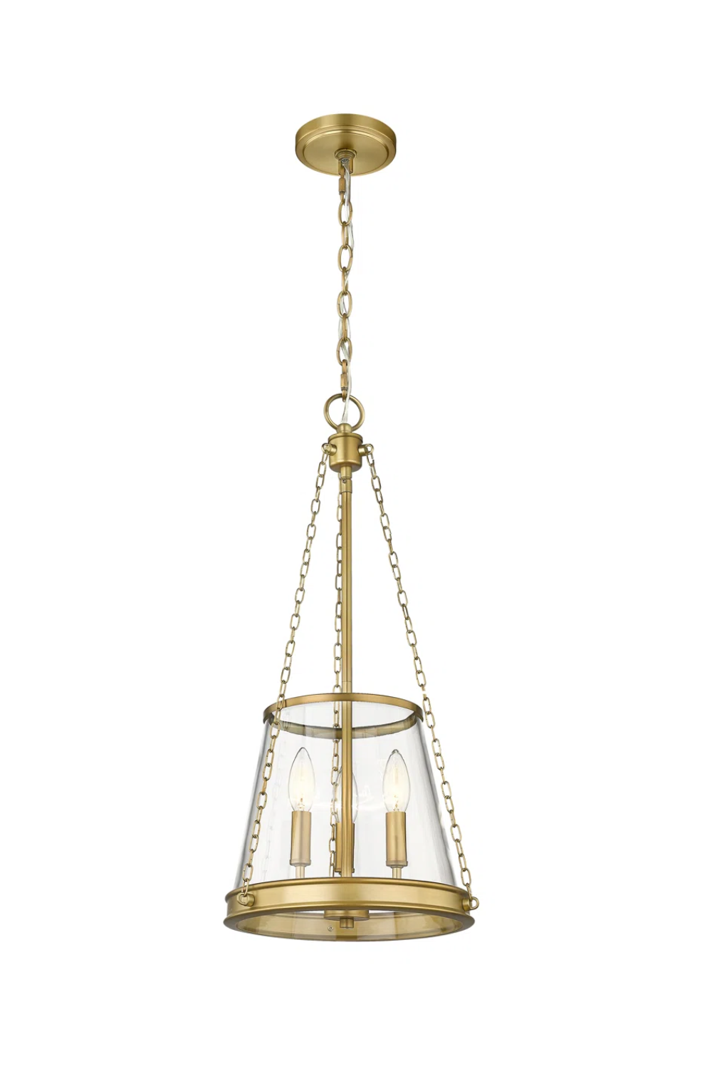 A brass chandelier with a glass shade and three candle-style light bulbs hanging from chains.