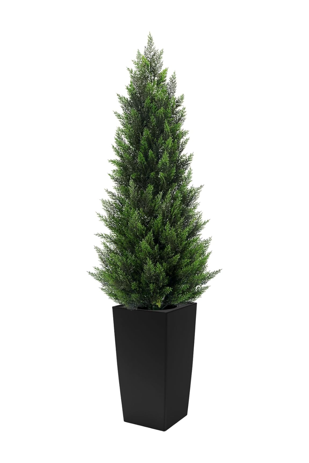 A potted evergreen Christmas tree in a black rectangular planter