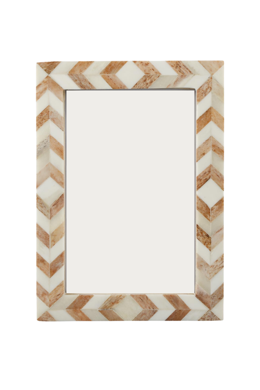 Decorative rectangular mirror with a border of small, orange and white tiles arranged in a chevron pattern.