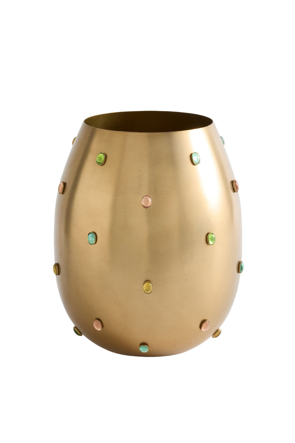 Gold decorative vase with multicolored gem-like embellishments.