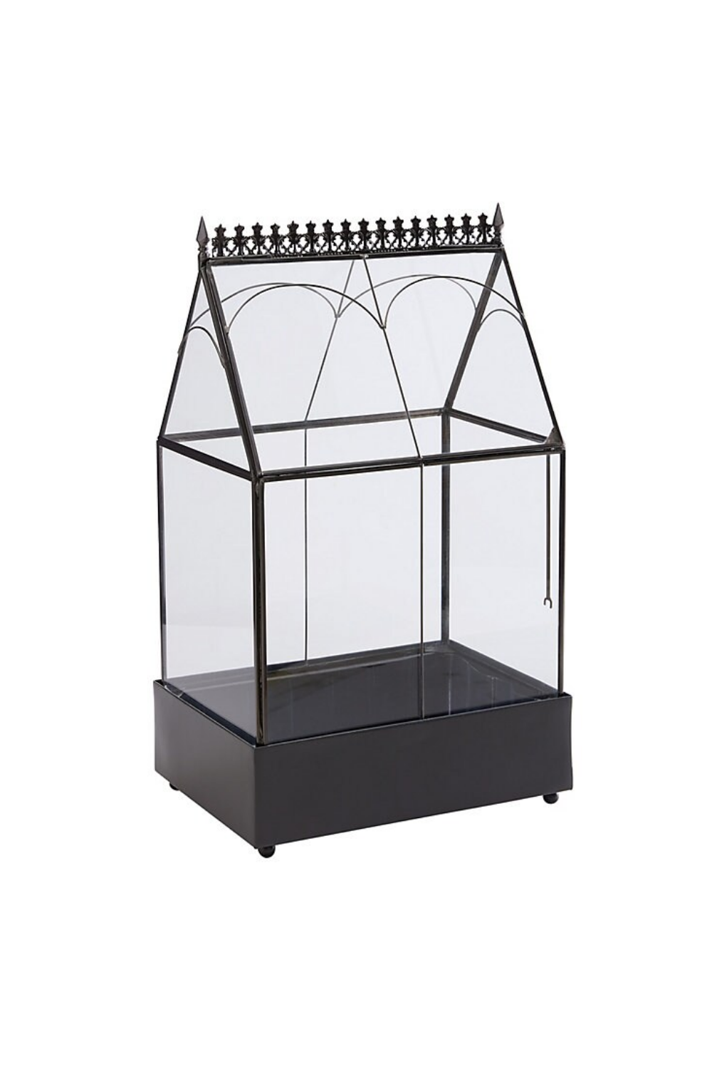 A black-framed glass greenhouse with decorative top, open front, and a black base.