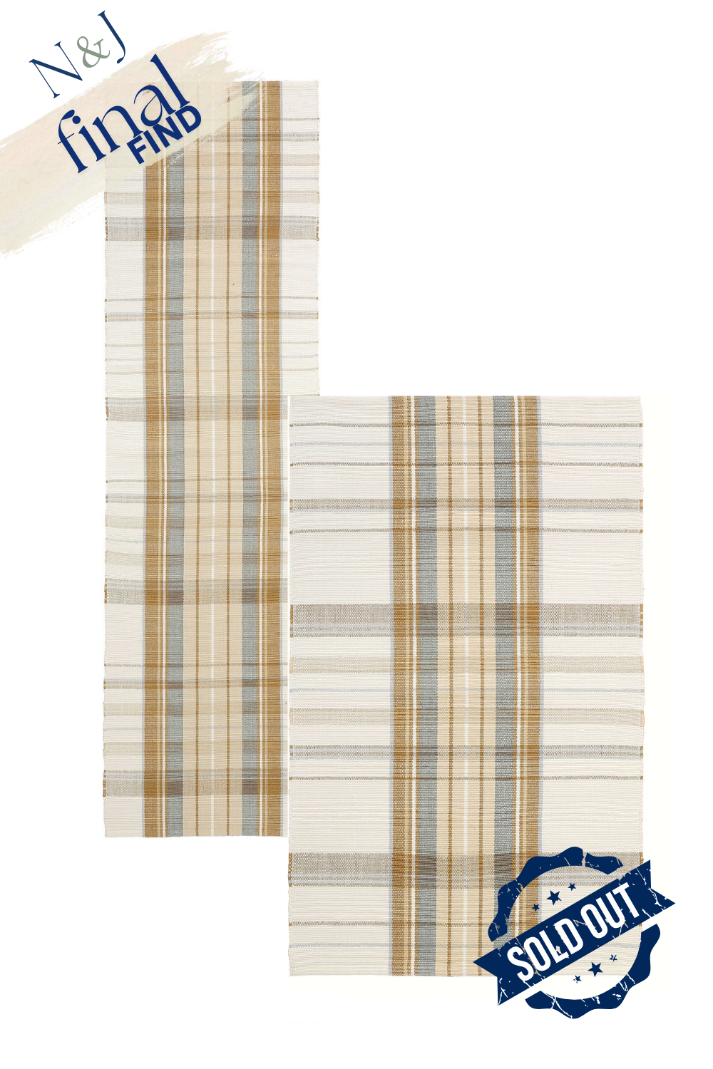Two plaid table runners in beige, brown, blue, and white with a "Sold Out" stamp in the bottom right corner and a "New & Final Find" label in the top left corner.