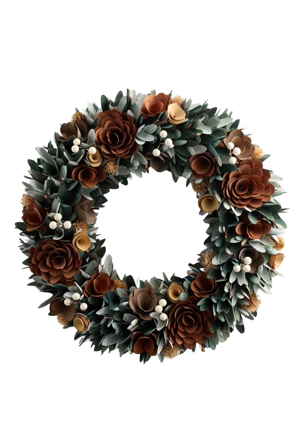 Decorative wreath made of artificial flowers and foliage in earthy tones.
