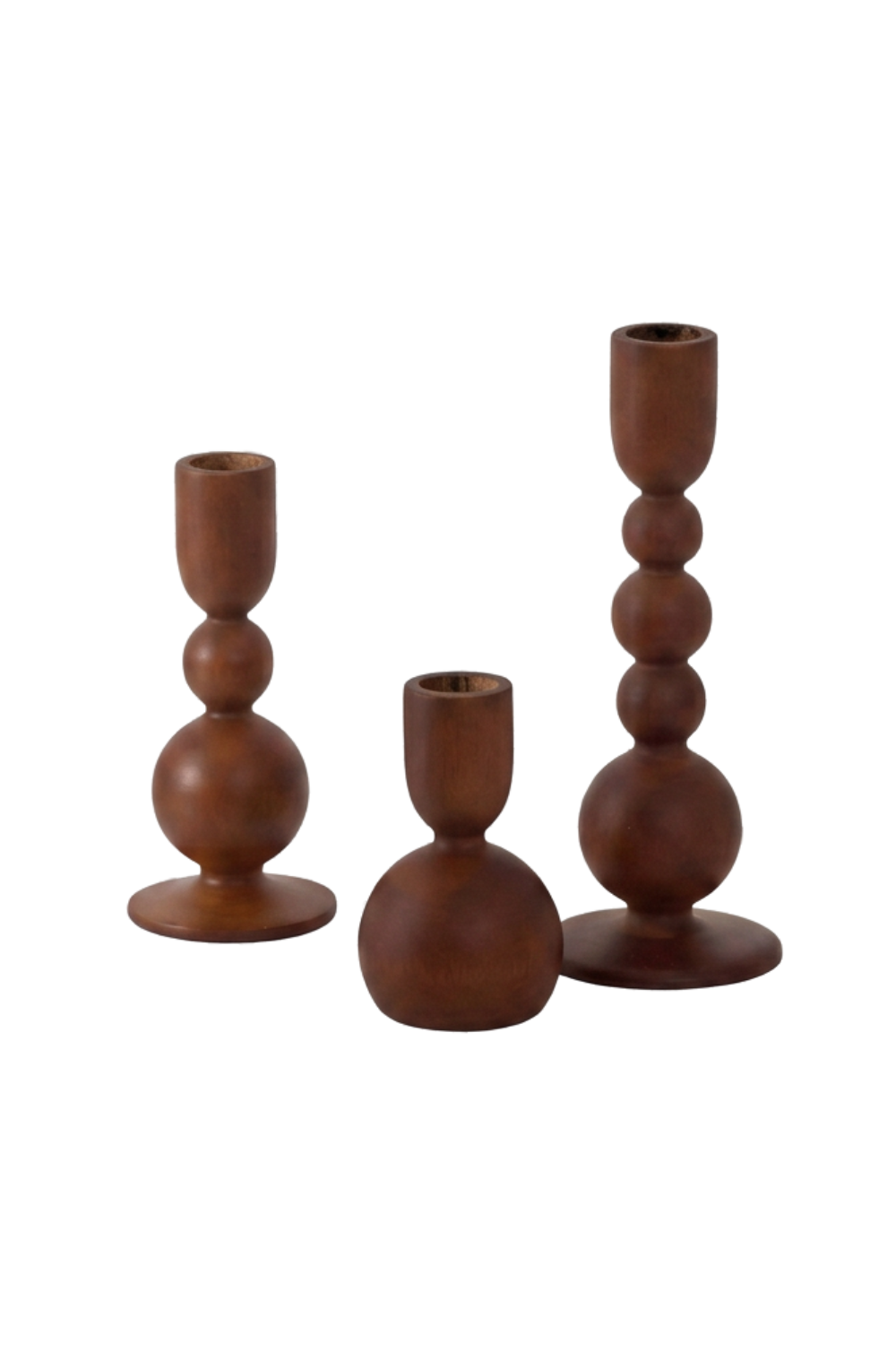 Three wooden candleholders with spherical and elongated shapes, varying in height and design, set against a white background.