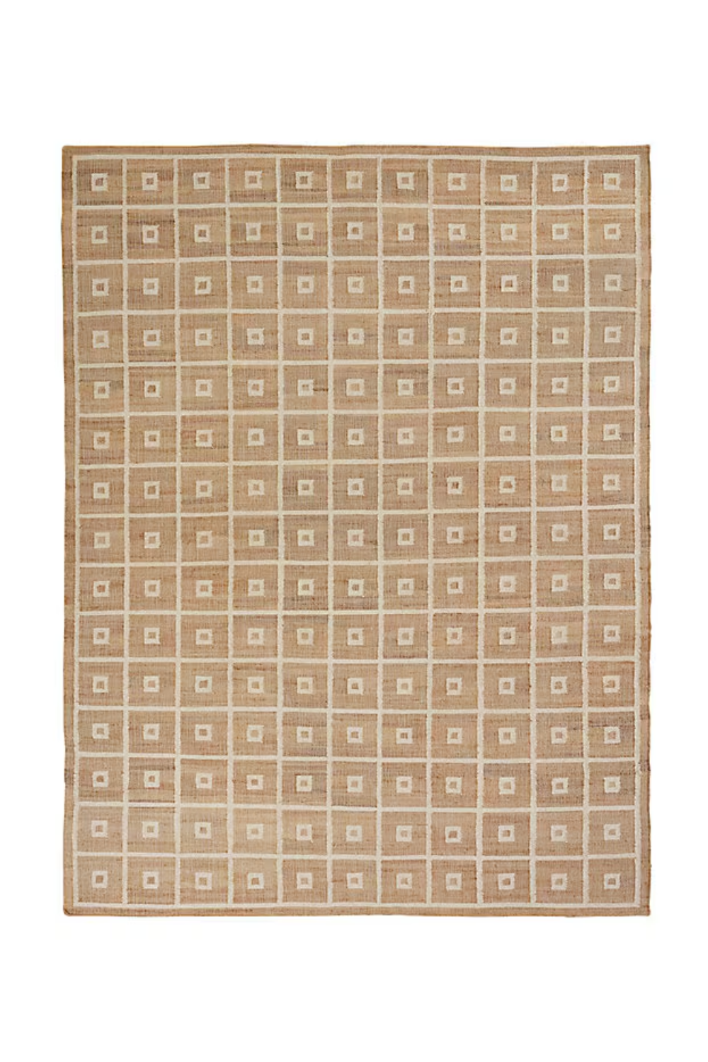 A large beige and brown geometric patterned area rug with square designs.