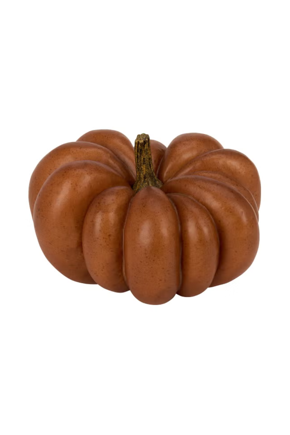 A pumpkin with a unique shape and a reddish-brown color, featuring deep ridges and a short stem, isolated on a white background.