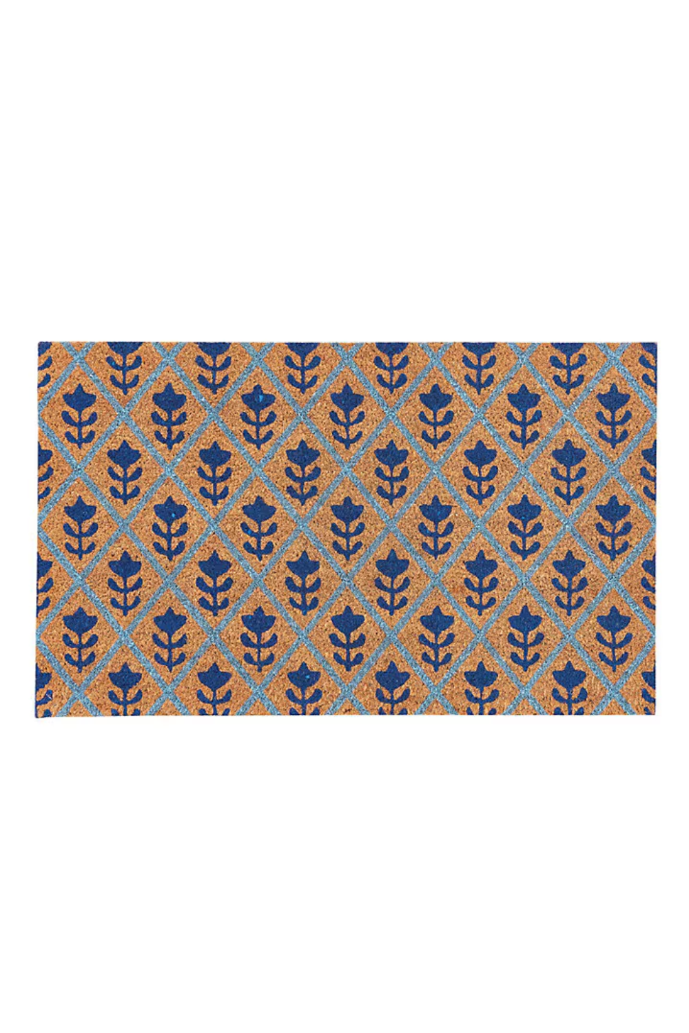 Patterned doormat with blue floral design on an orange background.