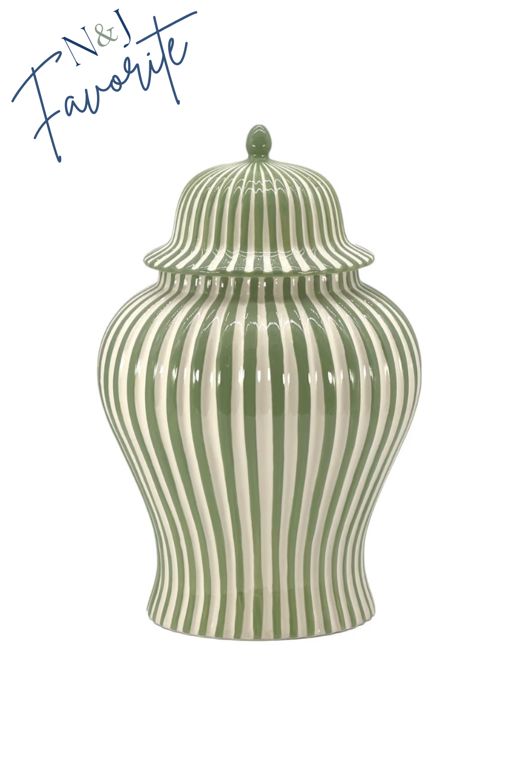 Green and white striped decorative jar with lid and knob, featured as favorite by N&J.