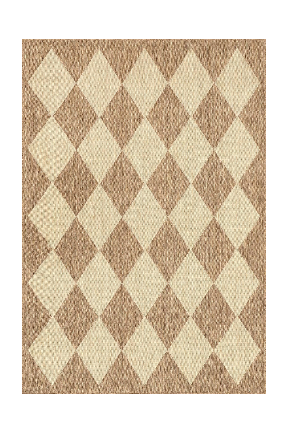 A beige and brown diamond-patterned area rug.