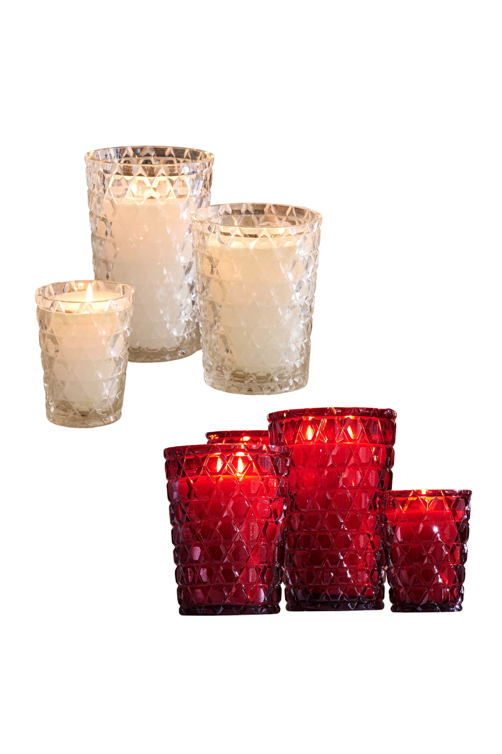 Set of lit candles in decorative glass holders, with white candles in clear textured glass and red candles in matching textured glass holders.