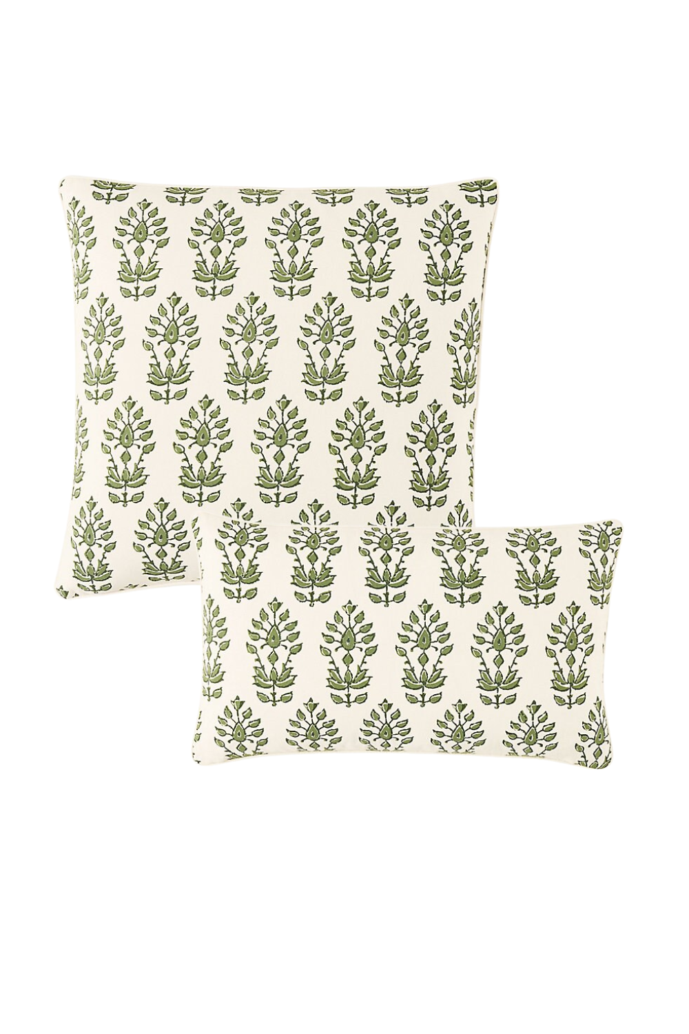 Two decorative pillows with a white background and green leafy pattern.