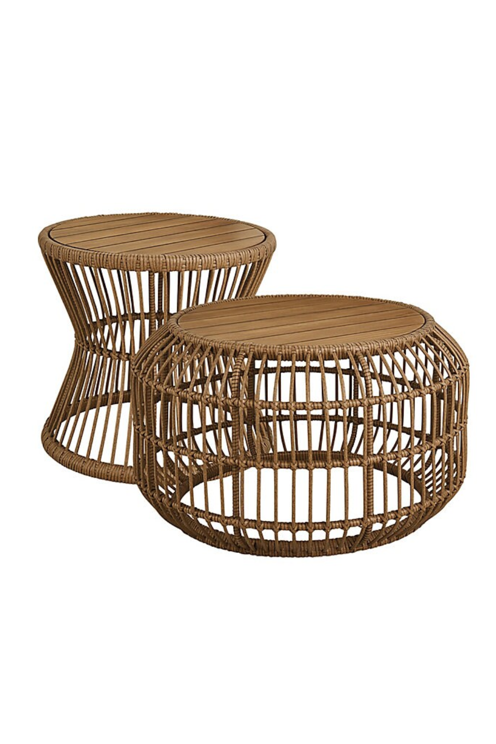 Two rattan side tables with round wooden tops, one slightly behind the other, positioned against a plain white background.