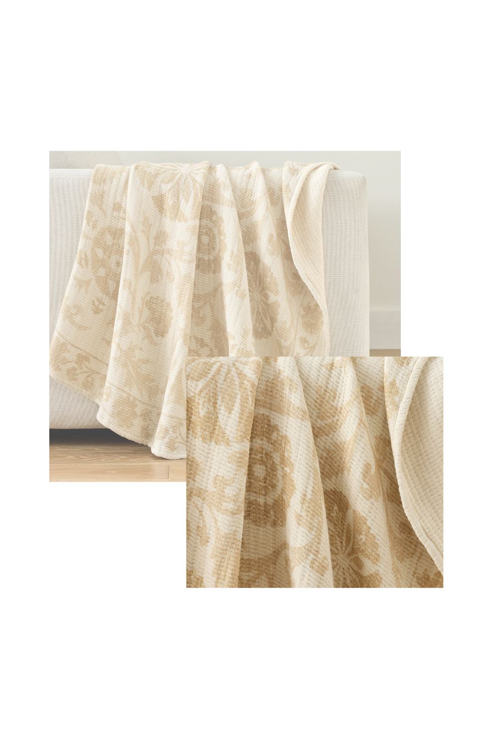 A beige patterned blanket draped over the edge of a light upholstered couch in a minimalistic room.