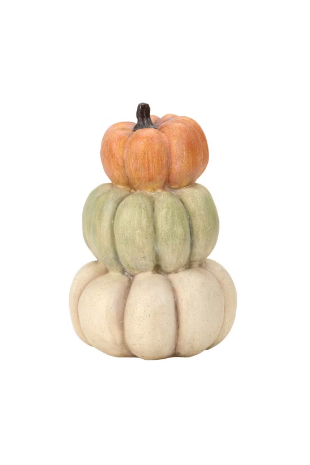 Stacked gourds in white, green, orange, and beige colors.