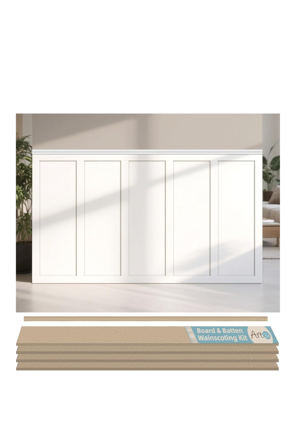 White wainscoting panel, wood battens, and a border trim with a plant and living room furniture in background.