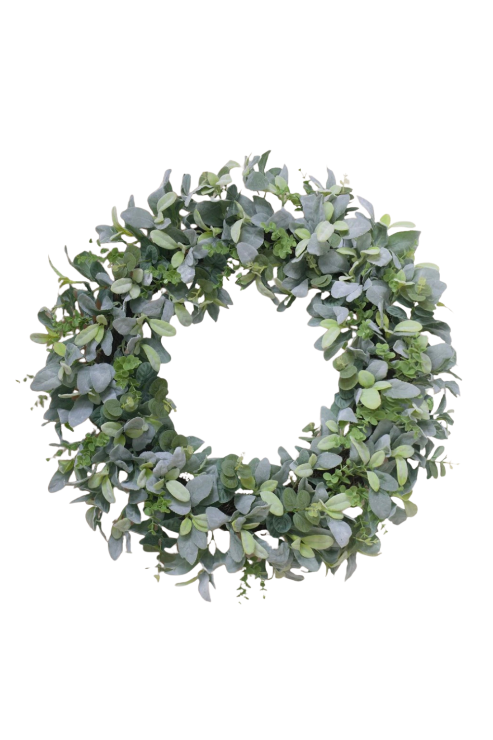 A decorative wreath made of green and grayish leaves against a white background.