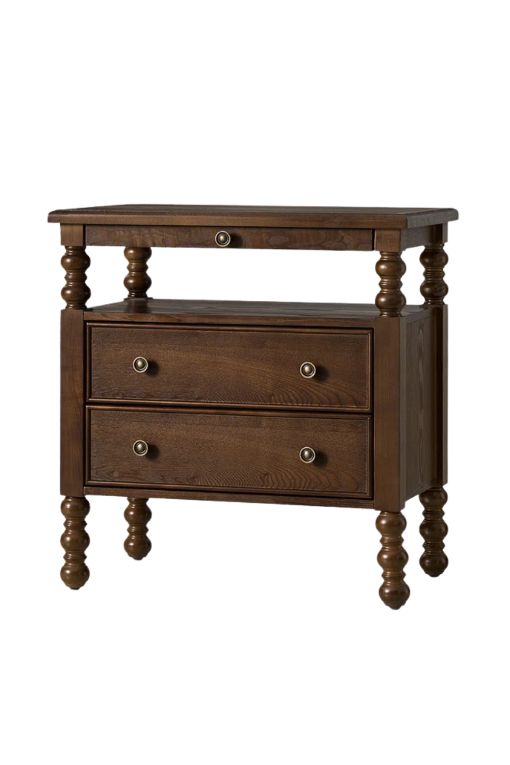 A wooden side table with two drawers and an open shelf, featuring turned legs and brass knobs.