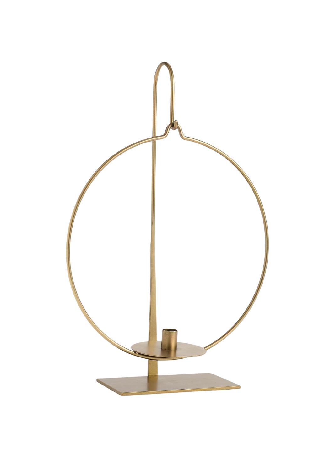 A modern gold-colored candle holder with a circular design, a vertical holder for a candle, and a flat base for stability.
