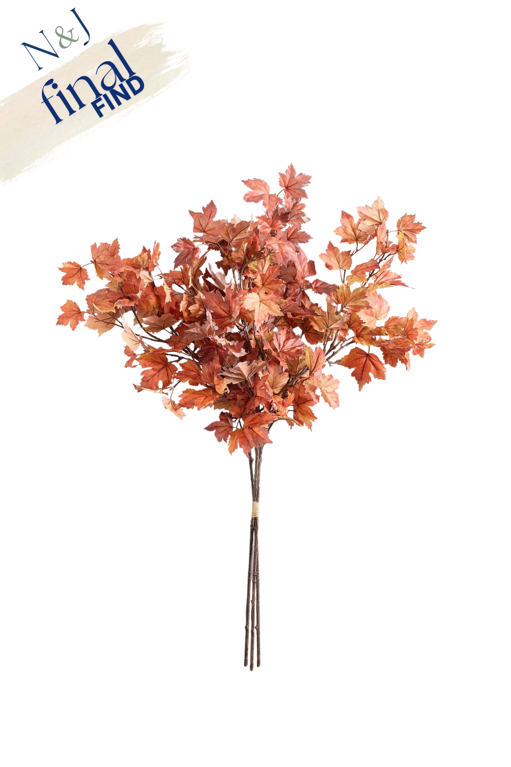 An artificial autumn maple tree with orange and red leaves on a white background, labeled 'N & J final find' in the top left corner.