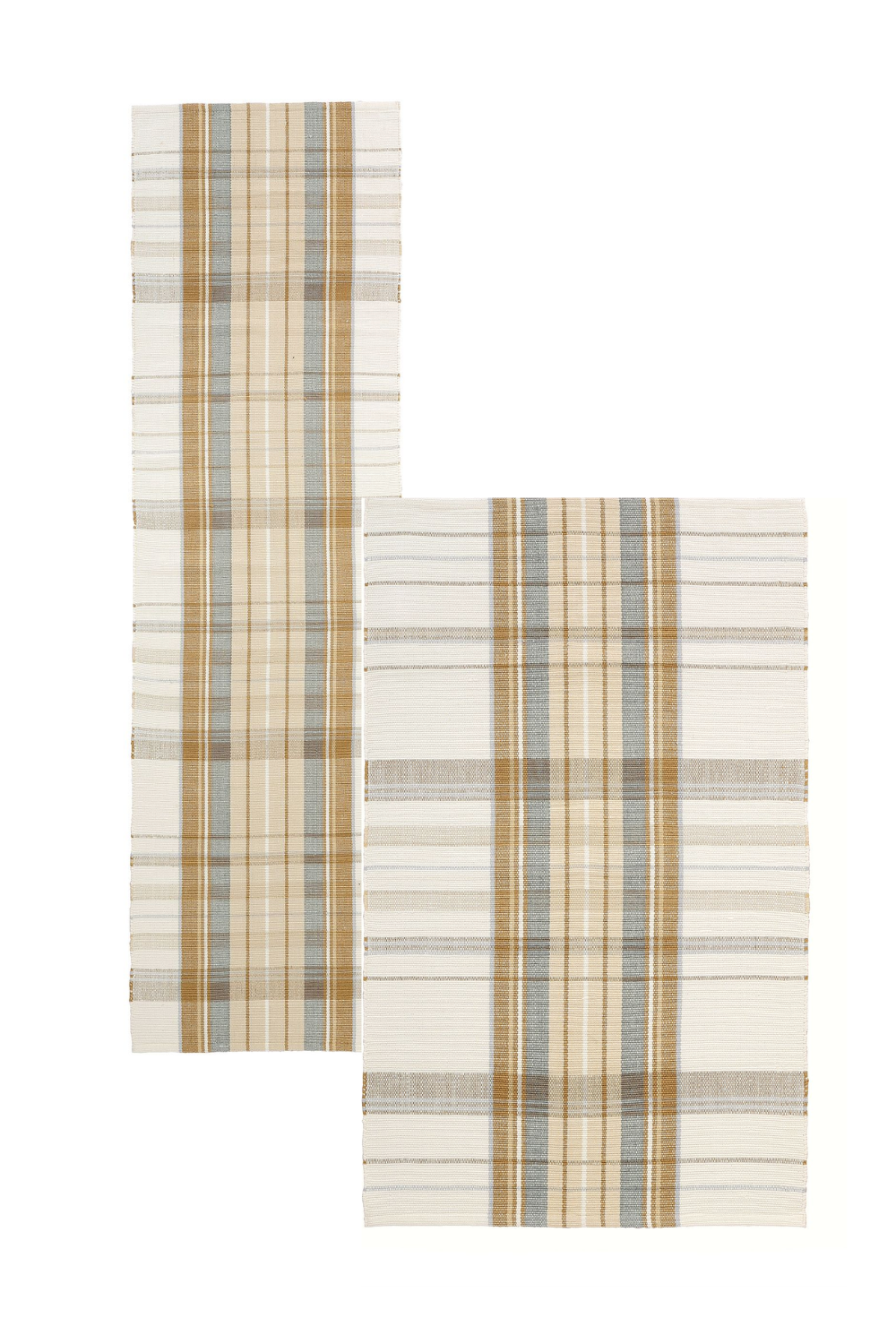 Two plaid rectangular placemats with beige, tan, gray, and white stripes, one positioned vertically and the other horizontally.
