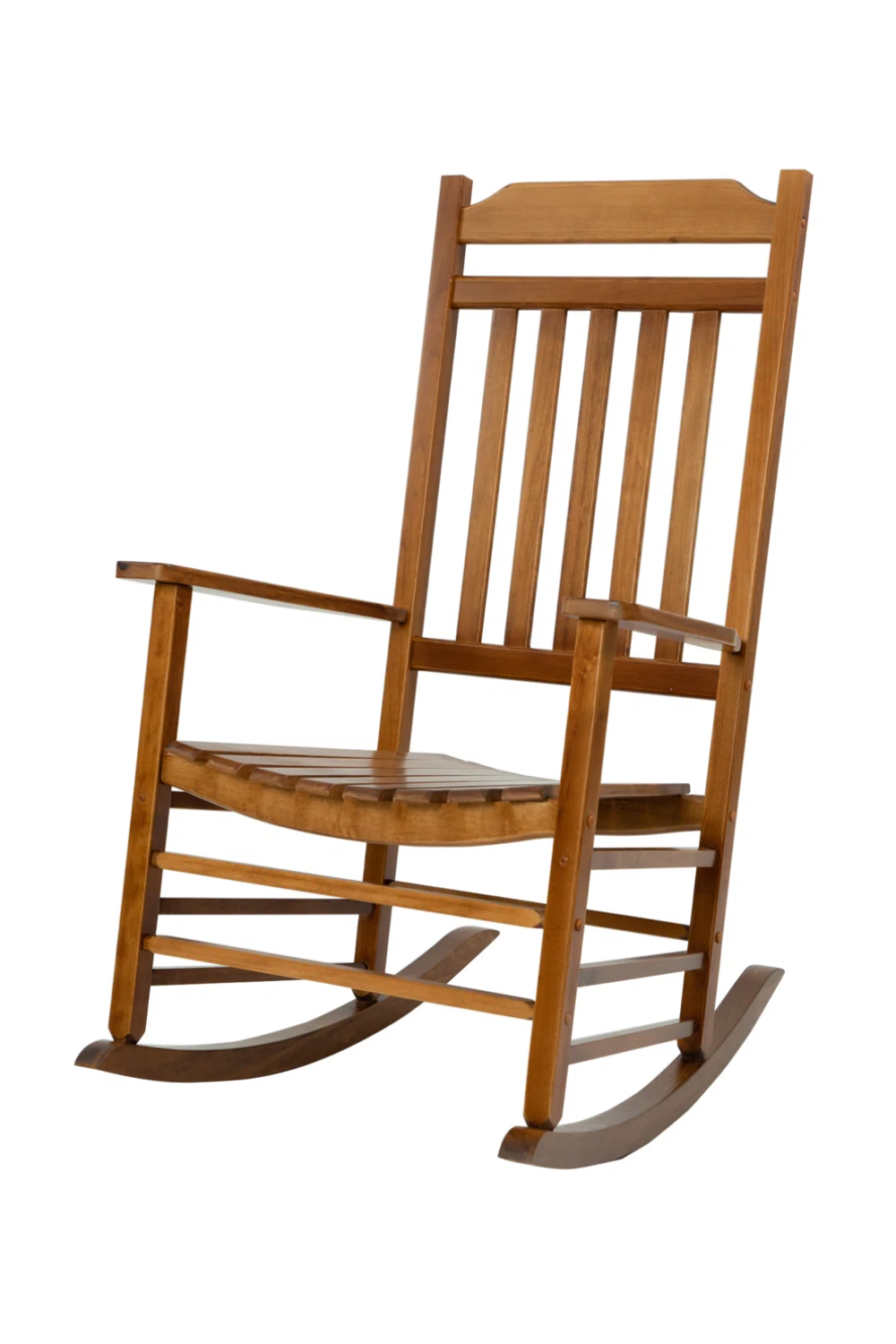 Wooden rocking chair with armrests, high backrest, and slatted seat, isolated on white background.