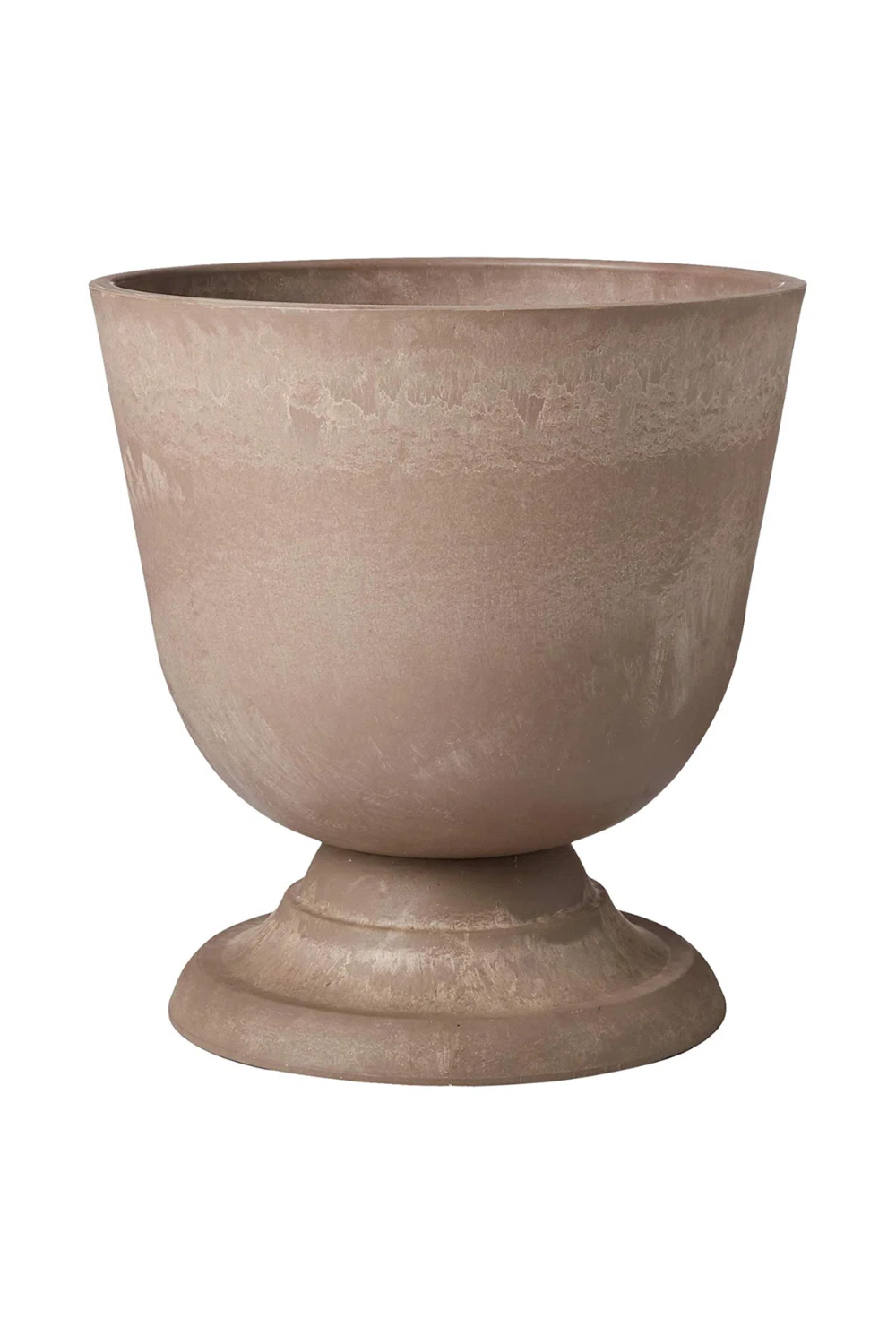 A beige, textured, large, round, ceramic planter with a pedestal base.