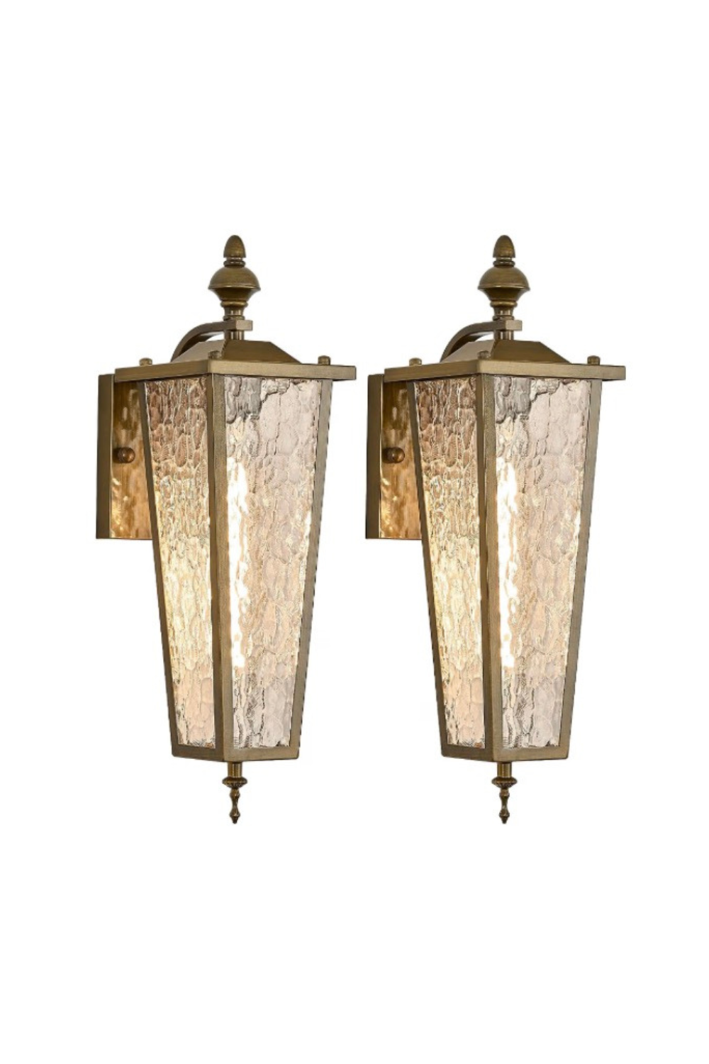 Pair of vintage-style wall-mounted outdoor lanterns with beige and brown glass panels.