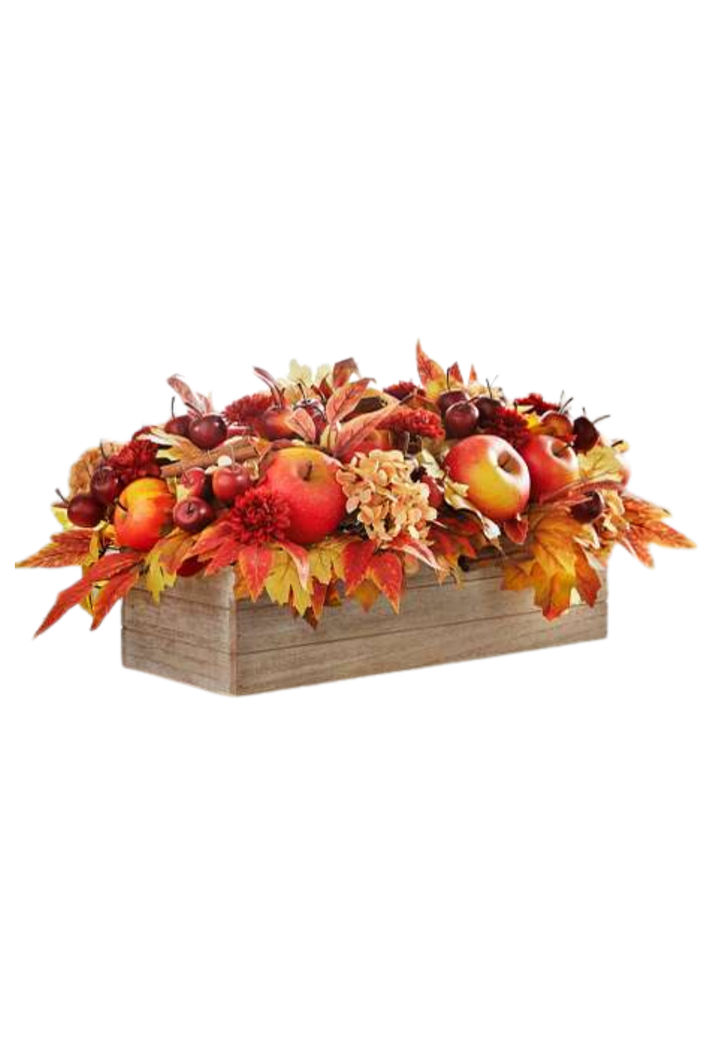 Autumn-themed floral and fruit arrangement with apples, cherries, and decorative leaves in a wooden box.