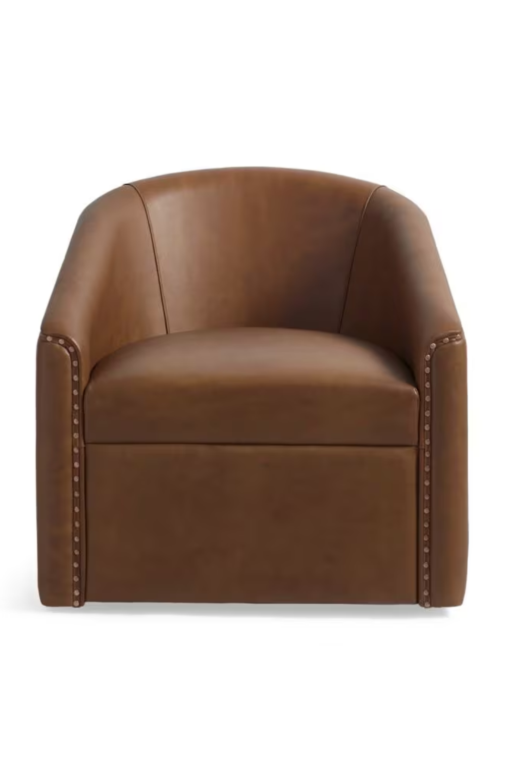 Brown leather armchair with studded detailing on the arms and backrest, set against a plain white background.