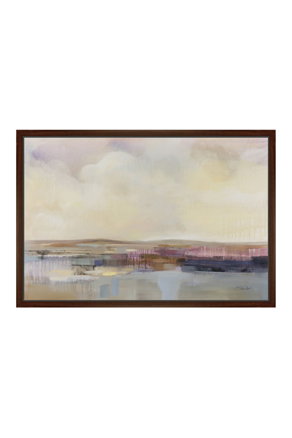 Abstract landscape watercolor painting with soft pastel colors, featuring a sky, horizon, and reflections on water.