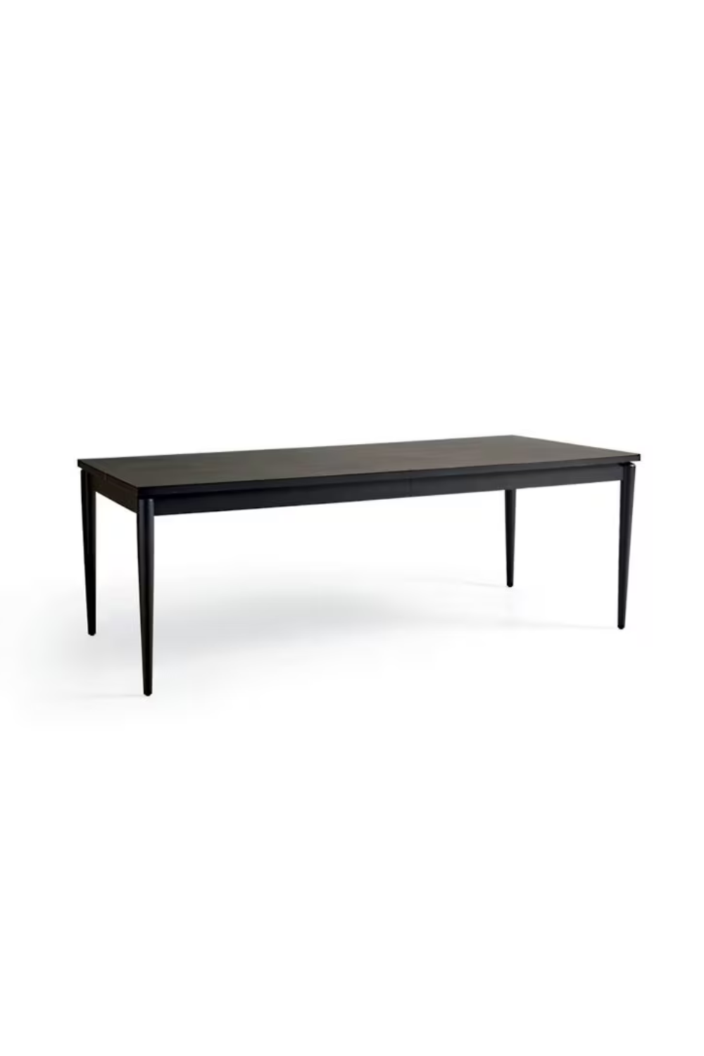 A black rectangular dining table with four tapered legs, set against a plain white background.