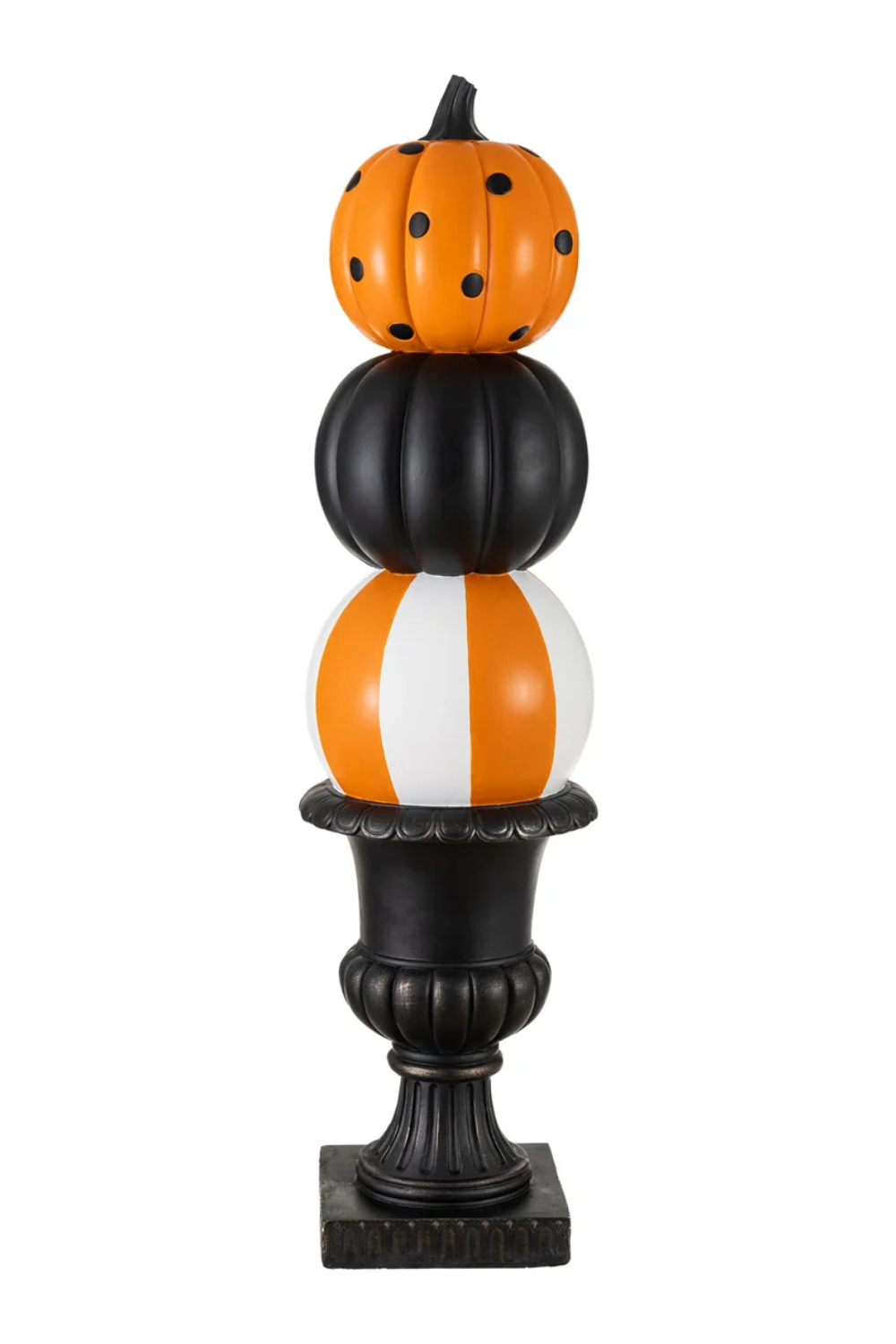Decorative Halloween pumpkin stack with three pumpkins in black, orange, and white with orange stripes, on black ornate pedestal