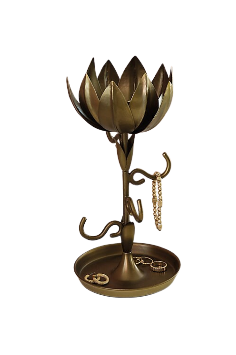 A decorative metal jewelry holder shaped like a flower with branches, holding bracelets and rings.