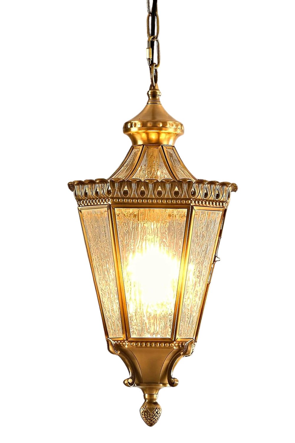 A gold ornate hanging lantern with a bright light inside, suspended by a chain.