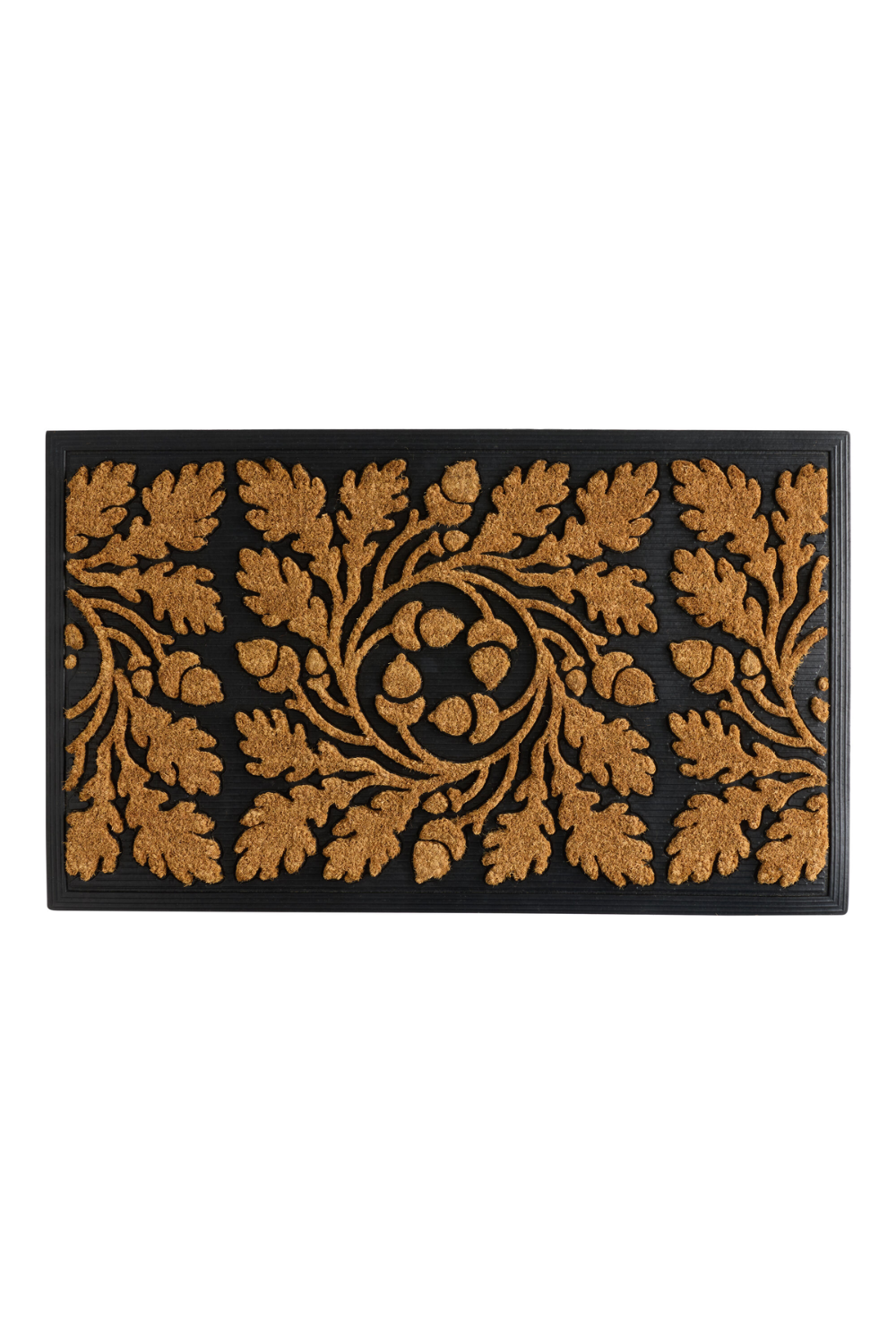 Decorative doormat with a black border and intricate leaf and berry pattern in gold color.
