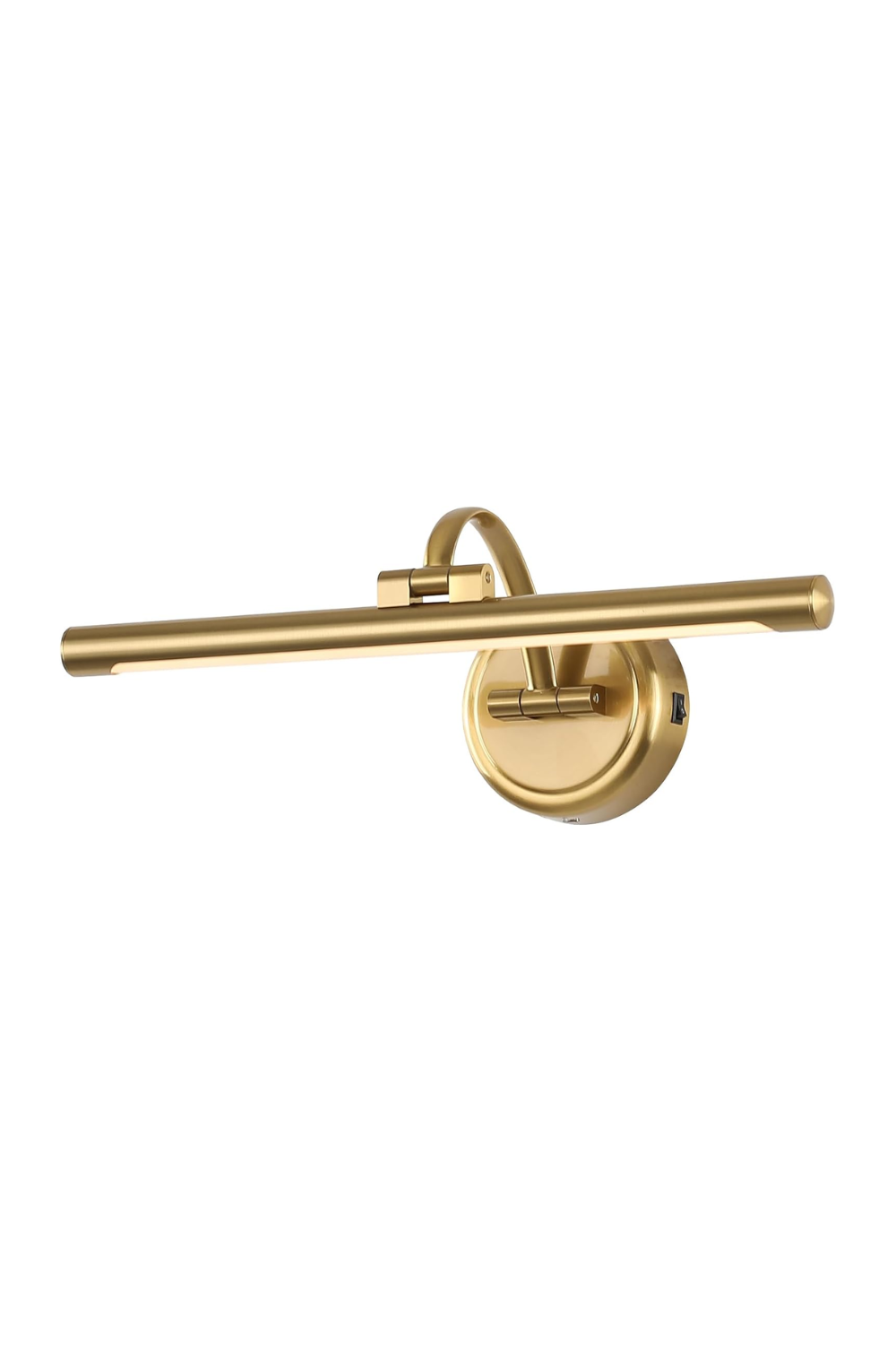 Gold modern wall-mounted LED picture light with a circular base and adjustable arm.