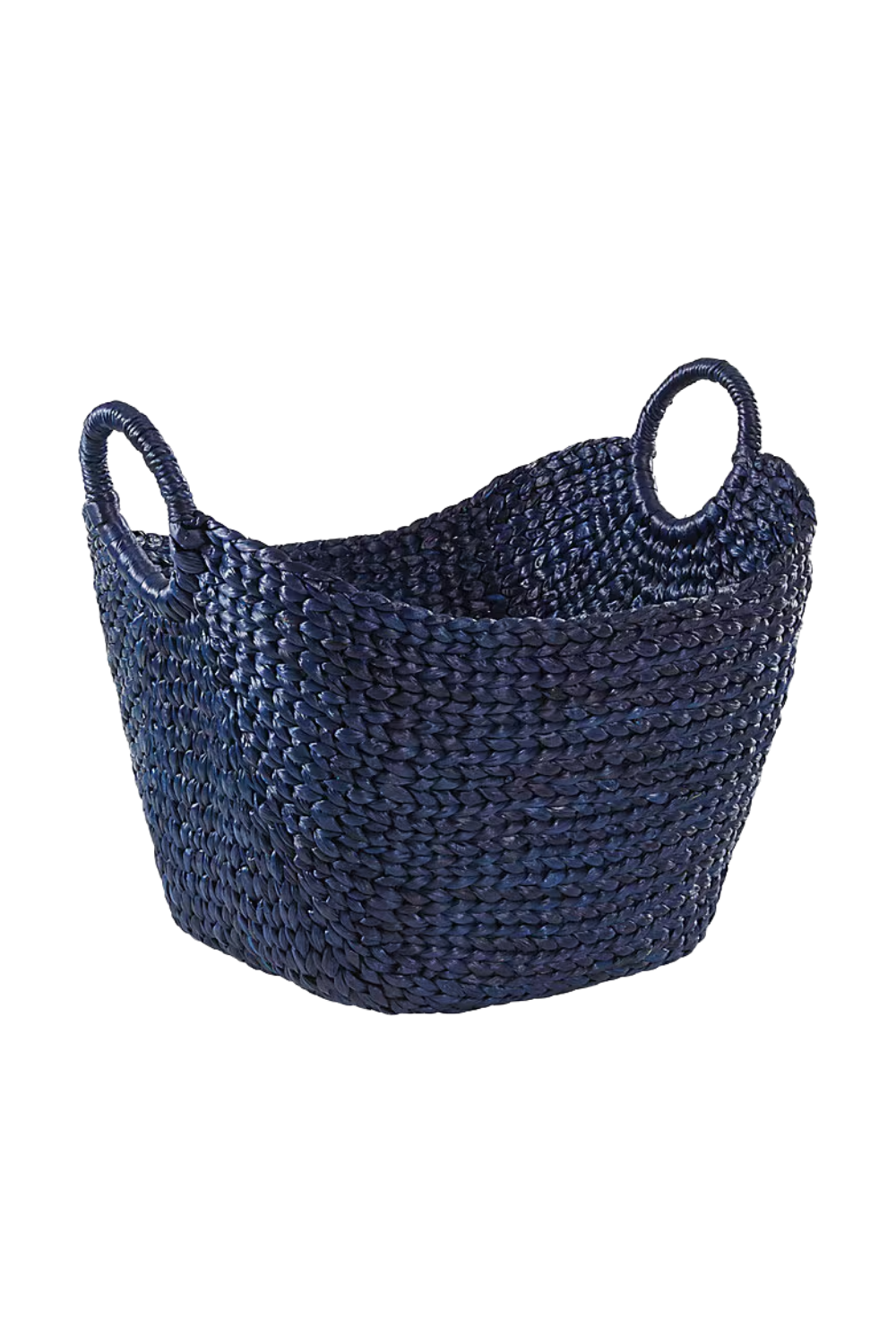 A dark blue woven basket with round handles on a white background.