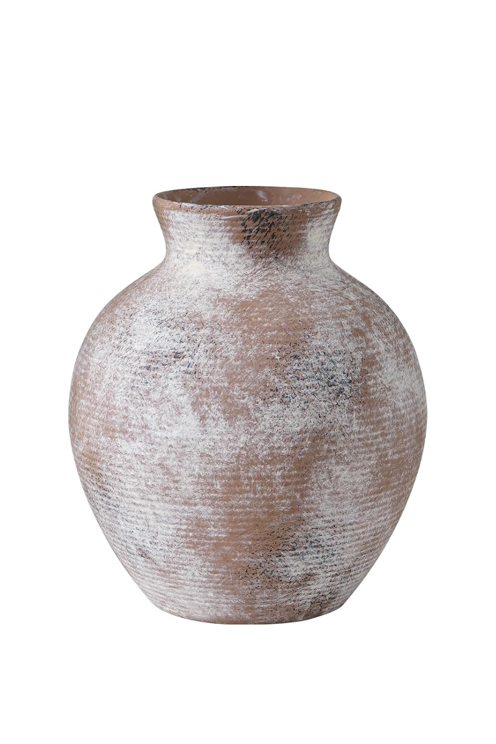 A textured ceramic vase with a rounded body and narrow opening at the top, featuring a weathered, rustic finish with shades of white, brown, and black.