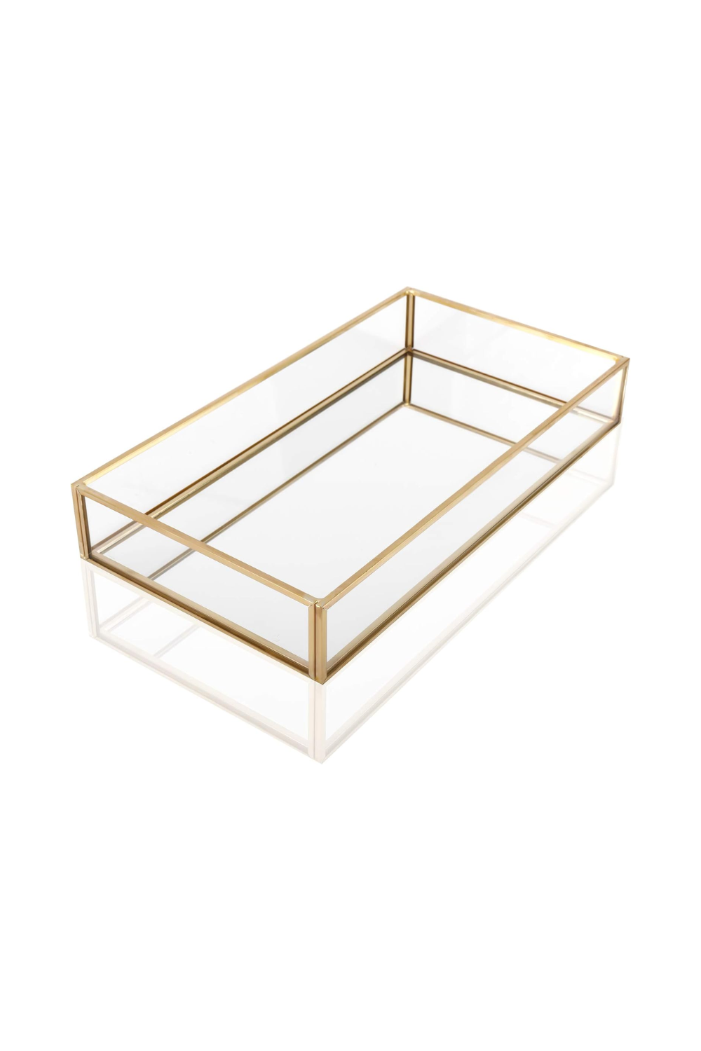 A rectangular glass and gold metal tray with open sides, viewed from above.