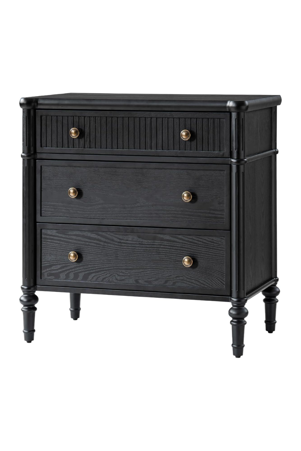 A black wooden three-drawer dresser with brass knobs and turned legs.