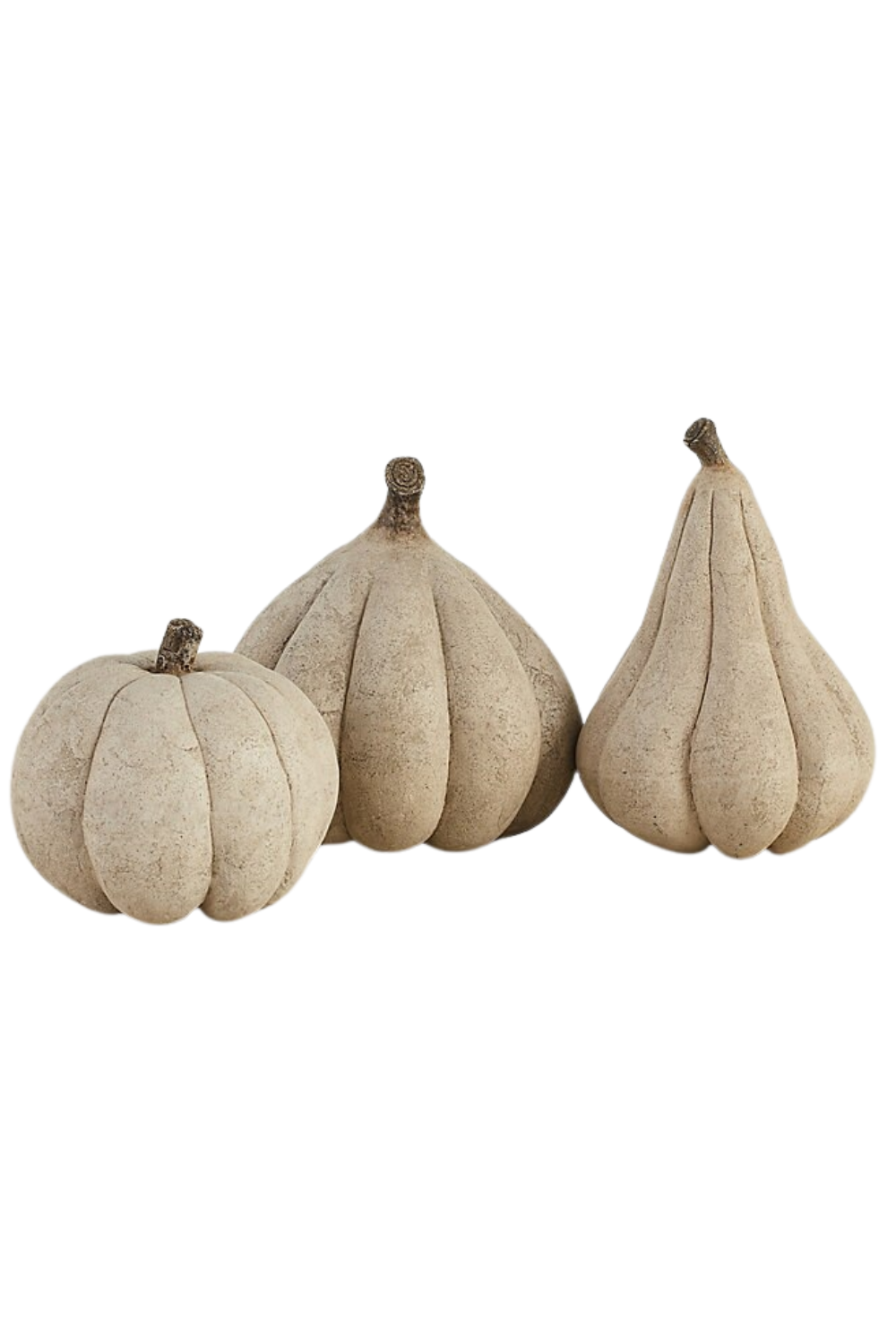 Three decorative pumpkins with a neutral, textured finish, arranged on a white background.