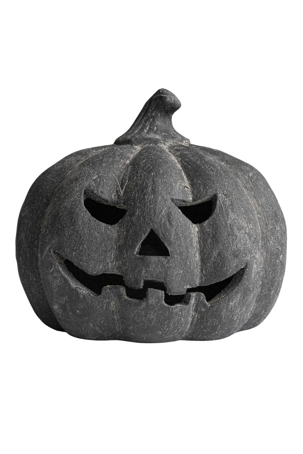 Black carved pumpkin with a spooky face for Halloween.