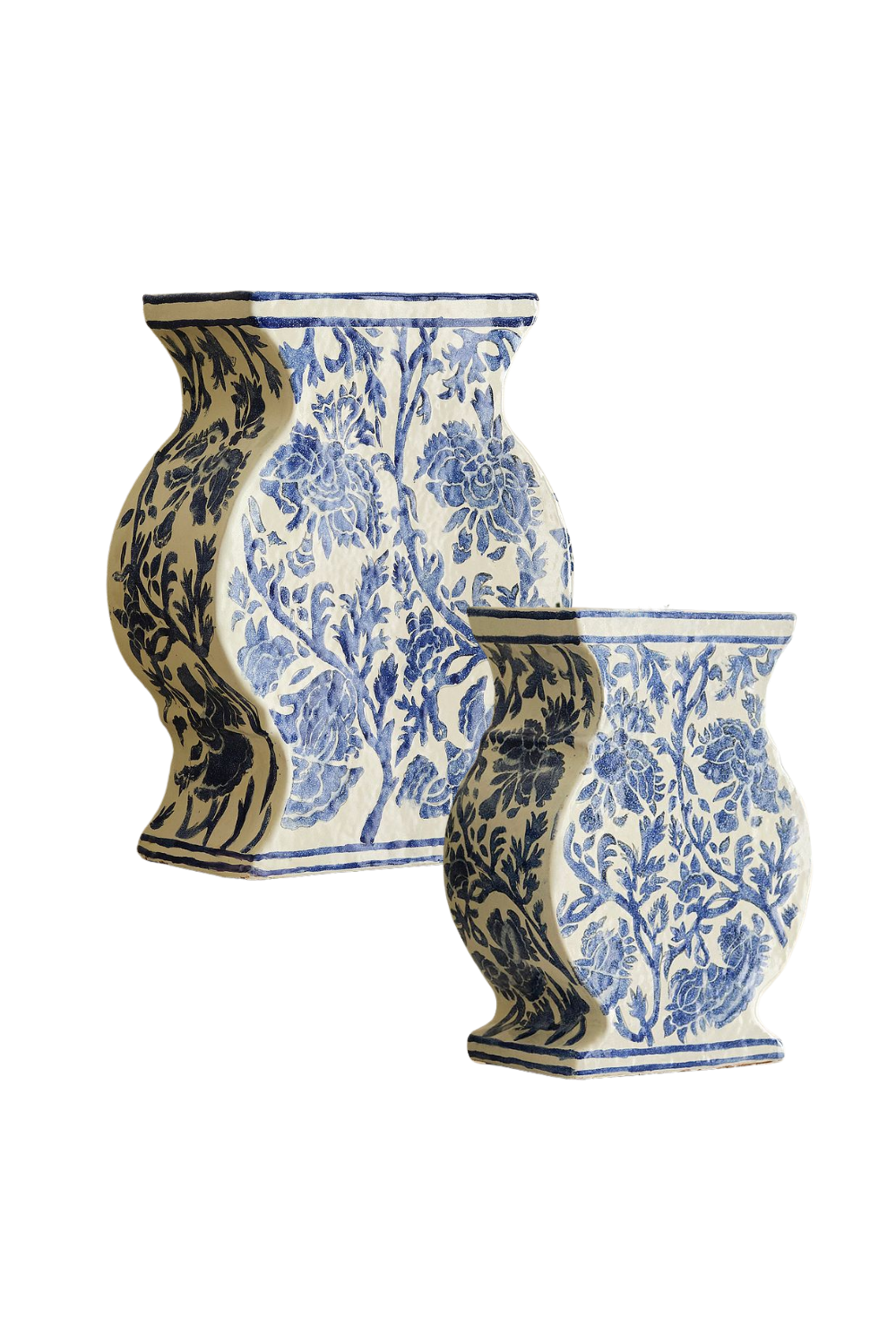 Two decorative ceramic vases with blue floral patterns on a white background.