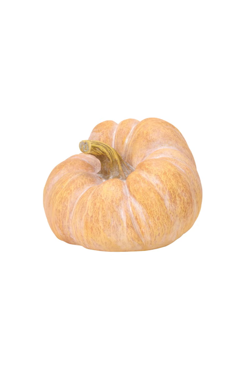 A pumpkin with a pale orange color and a twisted, brownish-green stem, isolated on a white background.