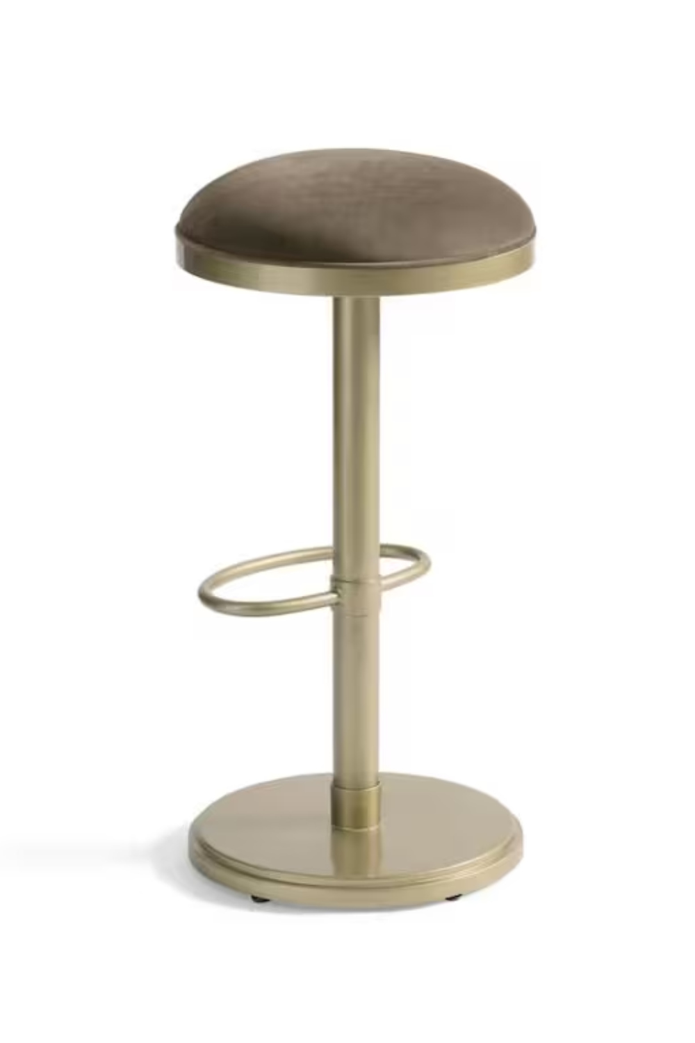 A metallic bar stool with a round cushioned seat and a footrest, set against a plain white background.