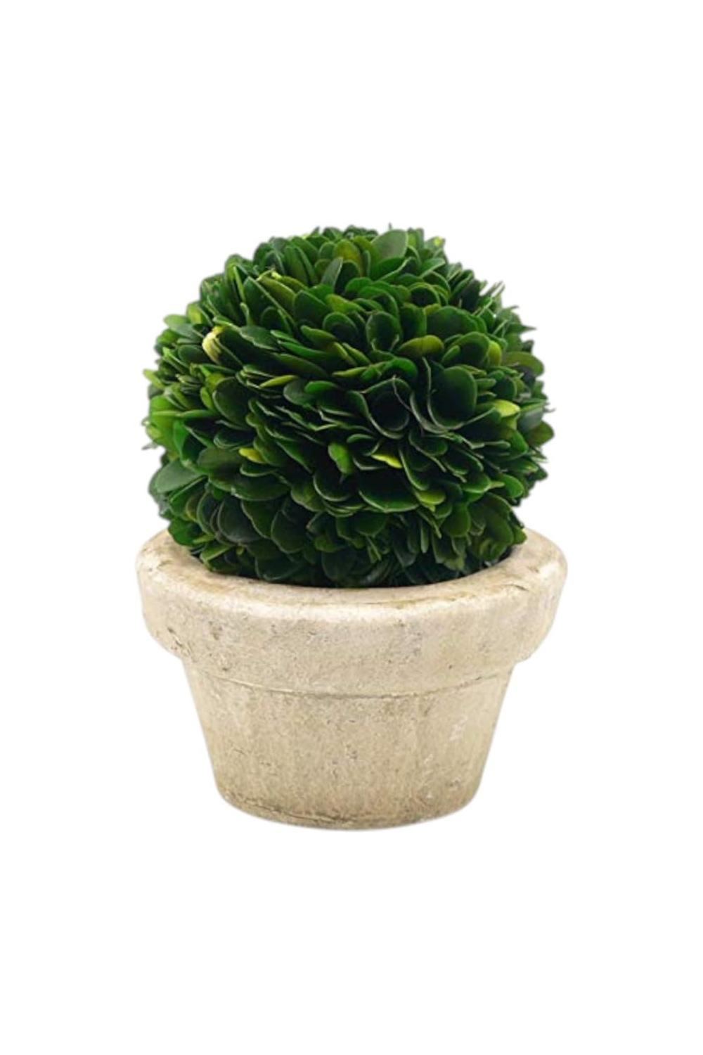 A potted green artificial topiary ball in a beige clay pot.